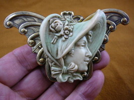 (CL82-5) Large Bonnet hat Woman green CAMEO brass Pin Pendant Jewelry brooch - £32.63 GBP