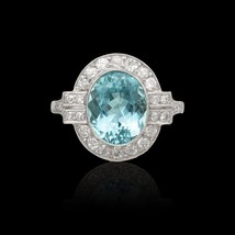 Halo Natural Aquamarine Ring 14k White Gold Aquamarine Engagement Wedding Ring - £995.29 GBP