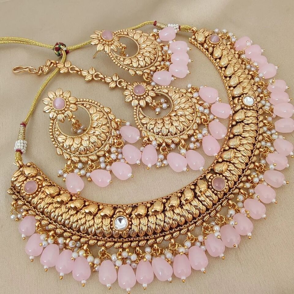 Primary image for Gold Plated Indian Bollywood Style Kundan Choker Necklace Pink Jewelry Set