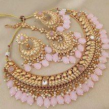 Gold Plated Indian Bollywood Style Kundan Choker Necklace Pink Jewelry Set - £75.05 GBP