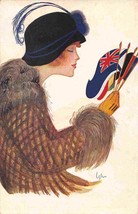 Beautiful Lady Feather Hat Blowing Kiss WWI Flags artist DGM Italy postcard - $12.37