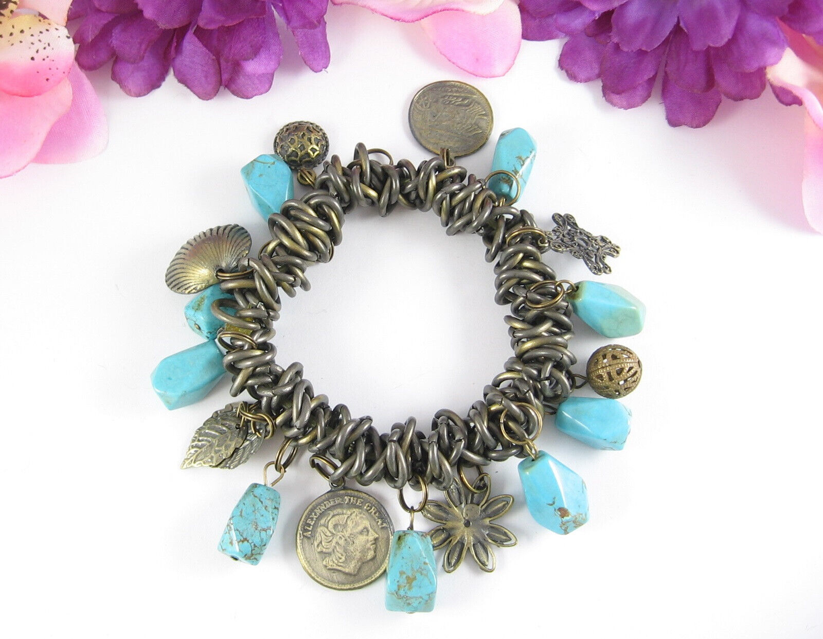 Primary image for TURQUOISE Stone Vintage CHARM BRACELET Greek Mock Coins Elastic Dark Goldtone