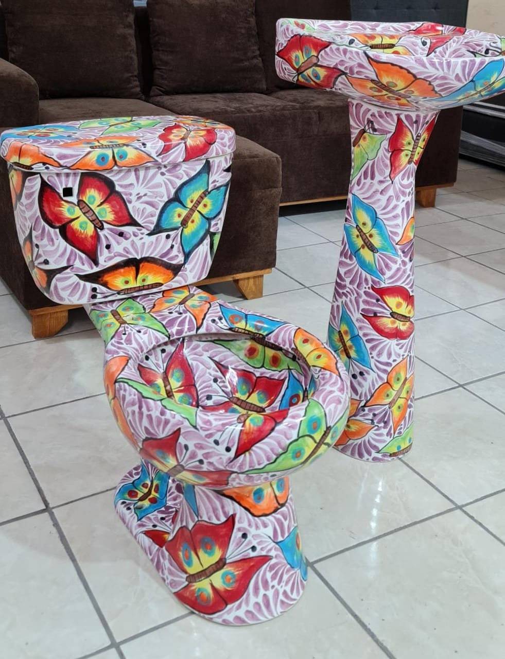 Mexican Talavera Ceramic Toilet Hand Painted  - Mariposas Lila - Item image 4