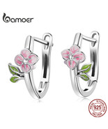 925 Silver Spring Pink Cherry Blossom Ear Buckle Round Hoop Earrings for Women S - $23.59