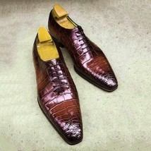 Handmade Men&#39;s Maroon Lace up Crocodile Embossed Calfskin Leather  Dress... - £102.86 GBP+