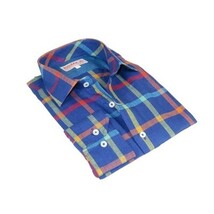 Men Linen Sports Shirt By INSERCH English Plaid European 2905 Blue Multi Checker image 7