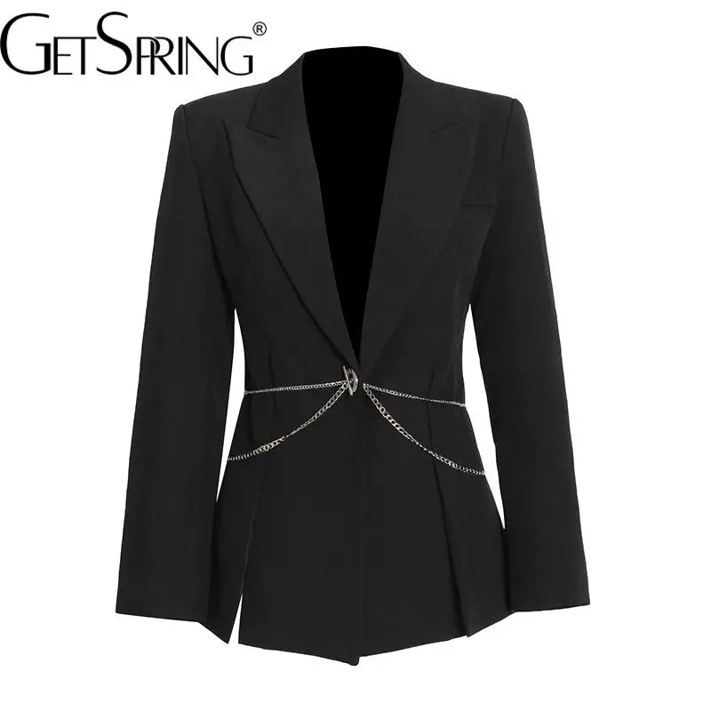 GetSpring Women Blazer Temperament Chian Long Sleeve Ladies Black Suit Coat  Wom - £227.23 GBP