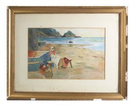 Untitled Watercolor Woman on Seashore Unknown Artist 18&quot; x 23&quot; Gorgeous Piece! - £204.42 GBP