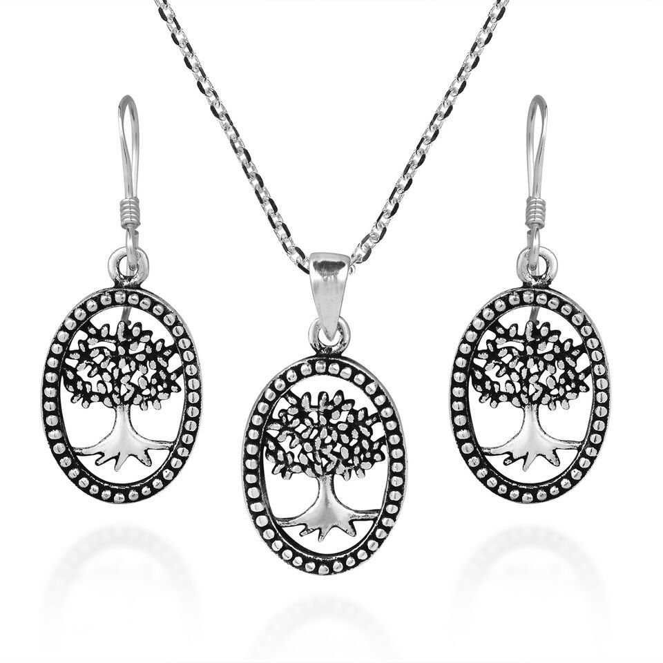 Thriving Tree of Life Oval Frame .925 Silver Necklace Earrings Set - $22.96