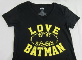 Womens Juniors DC Comics Superhero Batman Love Black V- Neck T-Shirt Large L - £8.64 GBP