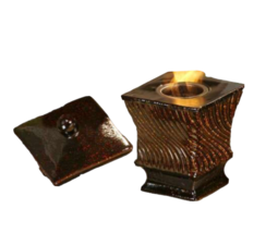 Candle Holder with Stainless Steel Cup and Lid Ceramic Square 10.8" High Brown