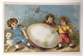 Victorian Trade Card Adorable Children Pulling Giant Easter Egg w/ Lamb &amp; Bird - £15.66 GBP