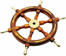 Nautical 24&quot; Wooden Ship Steering Wheel Pirates Decor Brass Handle Wall Boat - £85.03 GBP