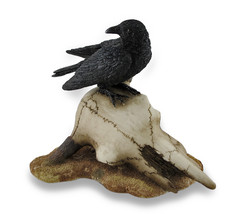 Black Crow Perched on Longhorn Skull Sculptural Figurine - £27.68 GBP