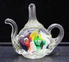 Vtg Joe St Clair Art Glass Teapot Paper Weight Ring Holder Flowers Unsigned - $24.99