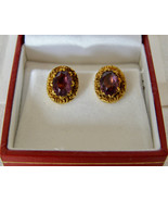 ANTIQUE VICTORIAN ENGLISH 9K YELLOW GOLD FOIL BACKED AMETHYST EARRINGS -... - $123.75
