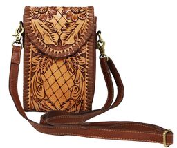 Women's Western Floral Tooled Brown Laced Leather Wallet Crossbody Bag 1... - $29.69