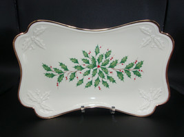 Lenox Holly Holiday 11&quot; Tray Treat Dish Gold Trim Raised Relief Holly Corners - £17.56 GBP