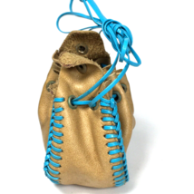 Small Vintage Drawstring Tan Leather bag pouch Blue Whip Stitch - £14.38 GBP