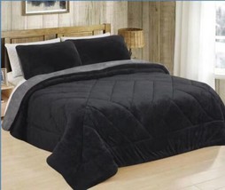 Chicago Black Solid Blanket With Sherpa Softy Thick And Warm 3 Pcs Queen Size - £46.73 GBP