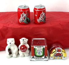 Lot Of 3 Sets Coca-Cola Salt &amp; Pepper Shakers Cans, Polar Bear, Jukebox Used - £47.48 GBP