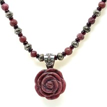 Vintage Carolyn Pollack Sterling Rhodonite Carved Rose Pendant Bead Necklace 20&quot; - £122.66 GBP