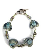 Glass Marble Style Multicolored Blue Green Heart Shaped Charm Beaded Bracelet - £19.60 GBP