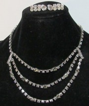 Vtg Smokey Rhinestone Necklace &amp; 2 Strand Dangle Screw-back Earrings Silver Tone - £32.06 GBP