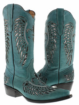 Womens Western Wear Boots Turquoise Leather Silver Sequin Inlay Wing 5.5, 6, 6.5 - £65.90 GBP