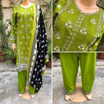 Pakistani Lime Green Printed Straight Shirt 3-PCS Lawn Suit w/ Threadwork ,L - £40.04 GBP