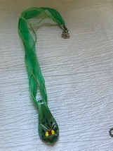 Estate Multistrand Green Ribbon Cord w Green &amp; Blue Fused Art Glass Pinched Oval - £8.12 GBP