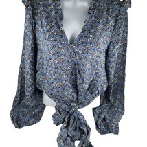 3 Hearts Top Blouse Blue Floral Ruffles LS 100% Polyester New Stretch Wa... - £9.01 GBP