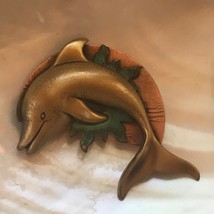 Estate Antique Goldtone Diving Dolphin with Green Sun &amp; Copper Half Moon Pin Bro - £9.74 GBP