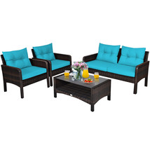 4Pcs Patio Rattan Furniture Set Loveseat Sofa Coffee Table W/Turquoise Cushion - £432.69 GBP