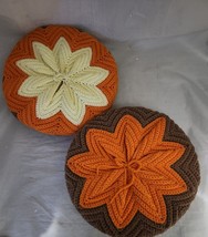 Set 2 VTG Groovy 70s Round Pillows Hand Crochet Double Sided Orange 12&quot; Sunburst - £47.33 GBP