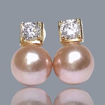 Refined 10 - 10.5mm Natural Peach Pink Round Edison Excellent Pearl Earrings - £92.50 GBP