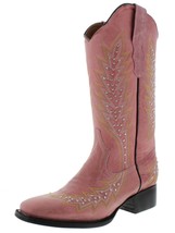 Womens Pink Western Cowboy Boots Silver Studded Embroidered Square Toe - £64.72 GBP