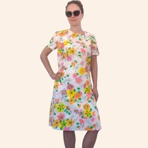 60s Floral Dress White Pink Garden Print Summer Short Sleeve Vintage S - £22.41 GBP