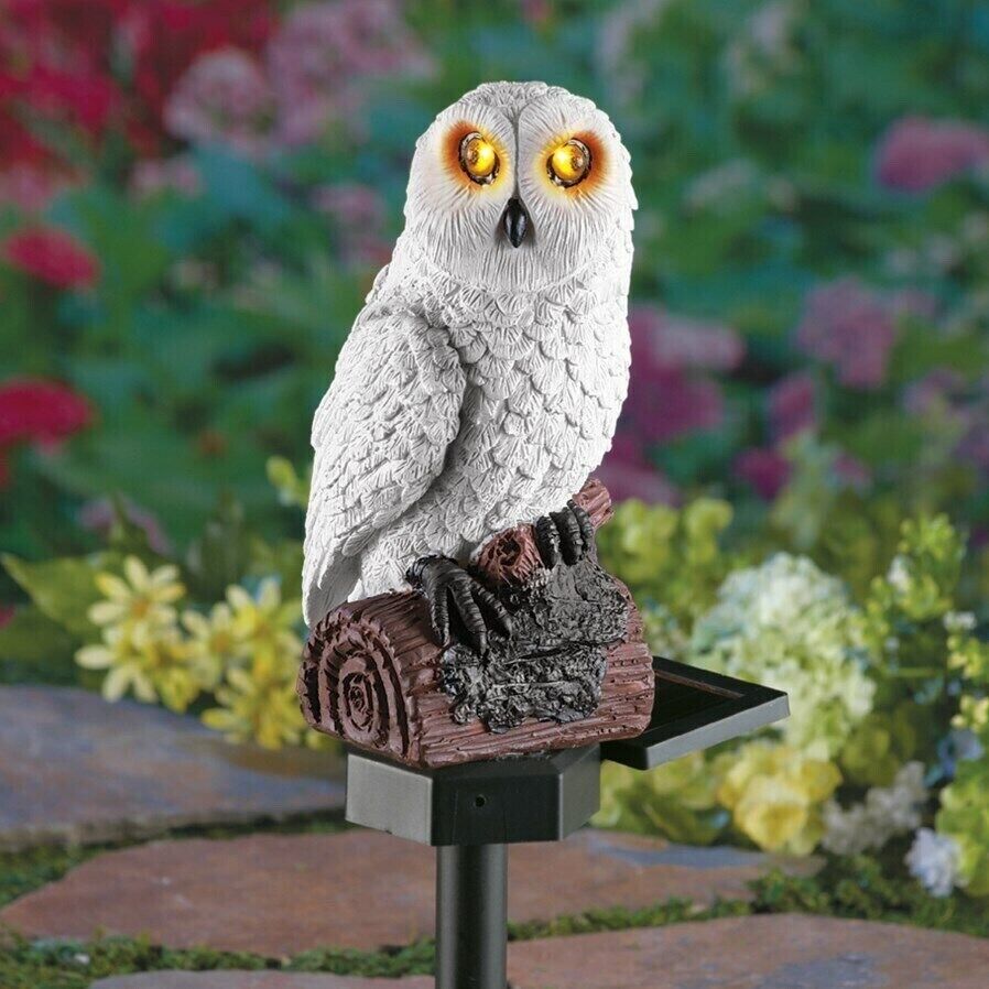 Solar Lighted Eyes &amp; Sounds White Owl Garden Statue Stake - Keeps Pests ... - $26.07
