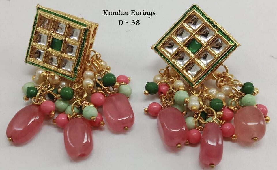 Primary image for Indian Kundan Earrings Tops Bridal Beads Meena Gift Punjabi Muslim Jewelry Set16