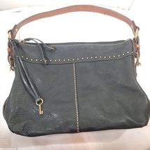 Vintage FOSSIL Black Purse Pebbled Leather Shoulder Bag Brown Handles 75082 - $39.00