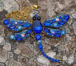 Dragonfly Blue Brooch Pin Necklace Chain Gold Rhinestone Insect Large Statement - £16.53 GBP