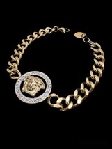 Woman Bracelet Fashion Greek Medallion Stainless Steel Cuban Link Gold Pendant - £16.19 GBP