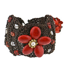 Bohemian Flower Red Coral and Pearl Woven Cotton Rope Slide Bracelet - £12.58 GBP