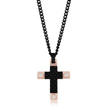 Stainless Steel Black &amp; Rose Gold CZ Cross Necklace - £38.72 GBP