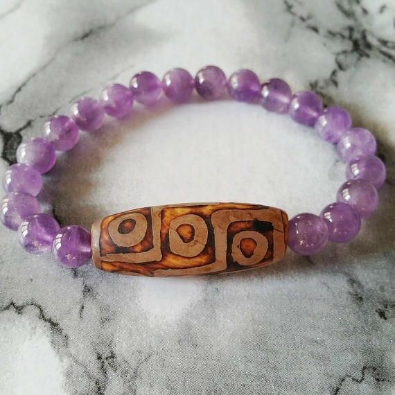 Long Feng Shui Old 9-eye Agate dZi Violet Purple Jade 10mm Beaded Bracelet - $8.96