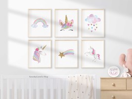 6 Piece Unicorn Wall Art Set, Printable Unicorn Nursery Wall Decor | Digital - £9.19 GBP
