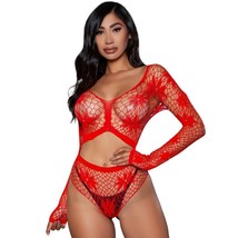 Wide Net Floral Cami Crop Top Booty Shorts Set Sheer Long Sleeves Red 2153 - £16.65 GBP