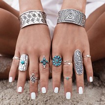 9 Rings Silver Antique Turquoise Ring Beach Bohemian Holiday Gold Jewellery UK - £3.75 GBP