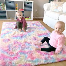 Ompaa Soft Fluffy Rainbow Kids Rug For Girls Bedroom Carpets, 4X6 Feet, Pastel - £31.78 GBP